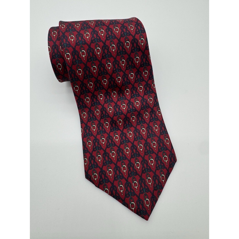 Bert Pulitzer Silk Tie Red Equestrian Horseshoe Chain Pattern Made in USA